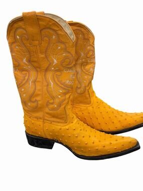 Cabrera Ostrich Leather Pull On Mid Calf Cowboy Western Boots Bworn Mens Size 8